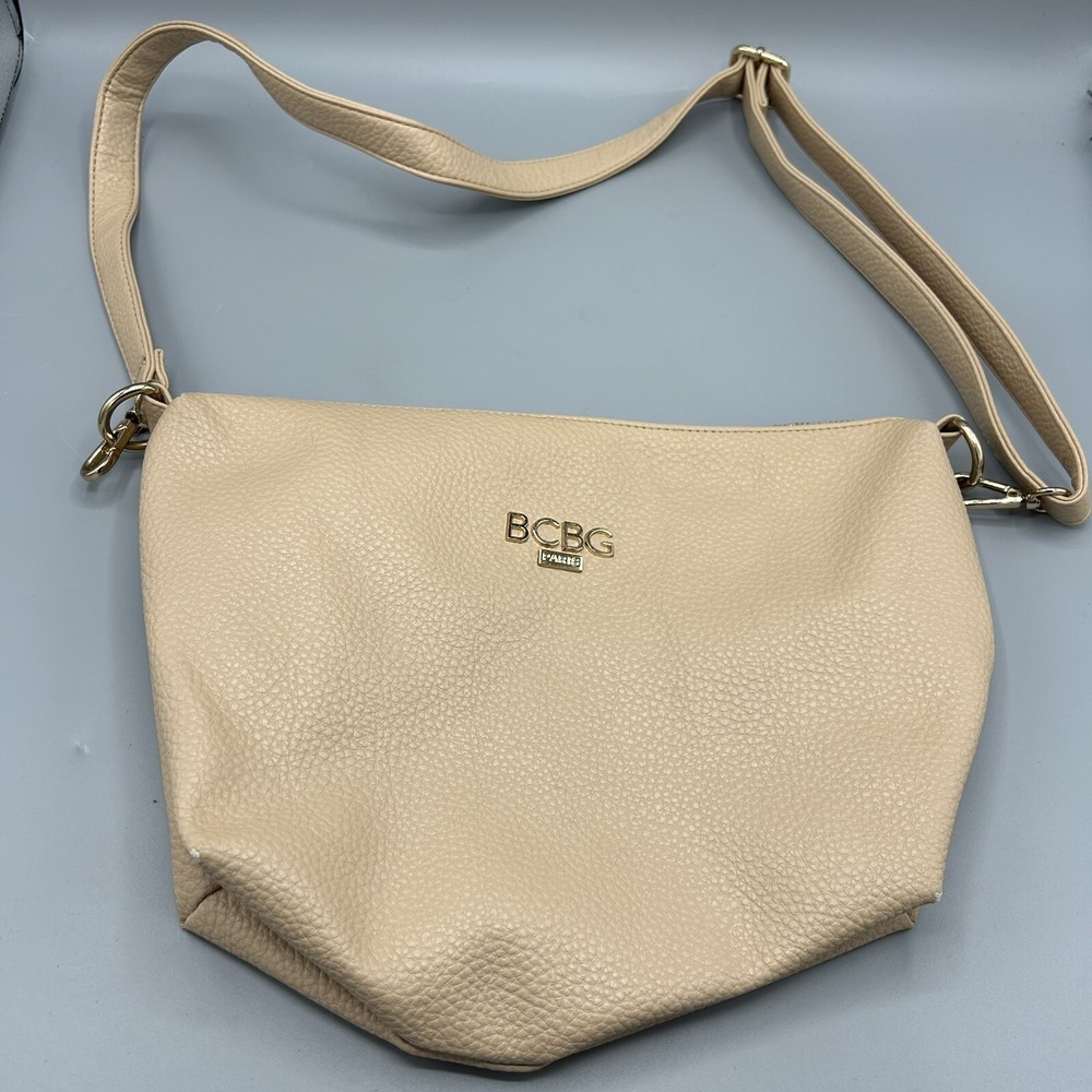 BCBG Paris Tote Bag Tan Taupe Pebbled Faux Leather Long Shoulder Strap Crossbody